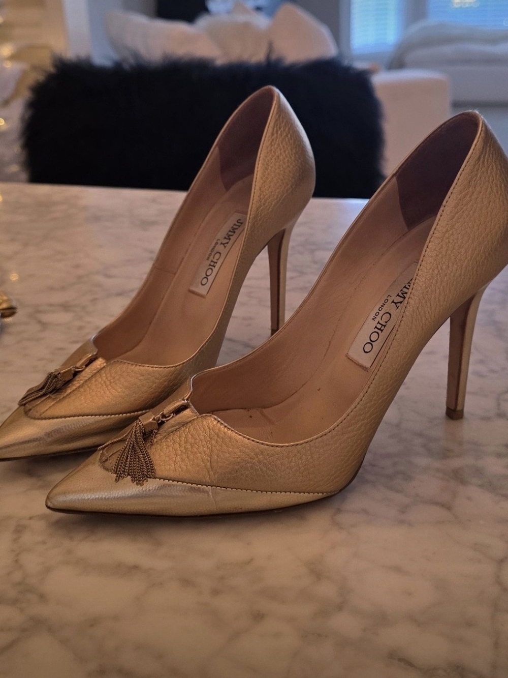 Jimmy Choo Metallic Gold Leather Pointed Tassel Stilettos 37.5